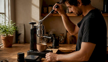 Espresso shot pouring from portafilter in home kitchen