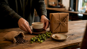 Hands wrapping rustic coffee gift bag