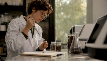 Hands preparing coffee sample in testing lab
