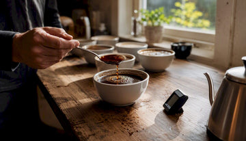 Coffee cupping spoon lifting brewed coffee