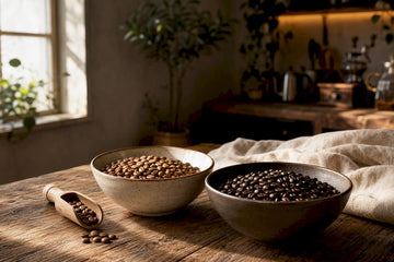 Light roast and dark roast coffee beans in bowls