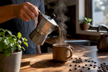 Hand pouring coffee from moka pot into cup