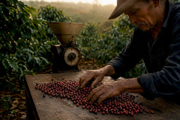 Hands sorting ripe coffee cherries on farm
