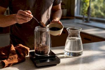 Home brewer measuring coffee and water