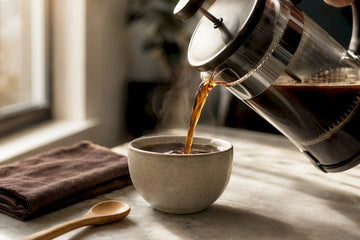 French press coffee brewing in morning light