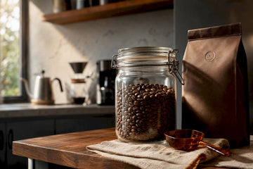Whole coffee beans in airtight storage containers