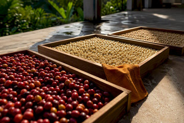 Coffee cherries and processed beans drying