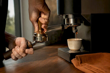 Hands pulling a fresh espresso shot