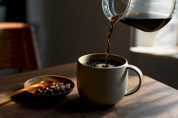 Dark roast coffee glowing in morning light