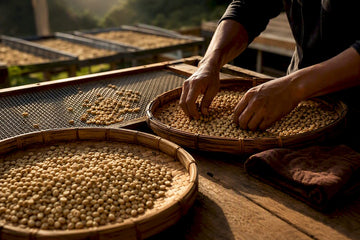 Hands sorting parchment coffee at estate mill