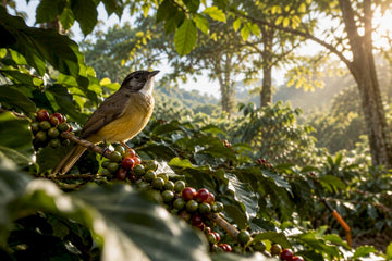 Songbird perched beneath coffee farm canopy