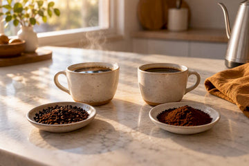 Coffee samples beside different grind sizes