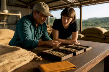 Producer and roaster examining green coffee samples