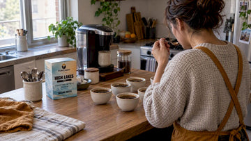 Home coffee taster comparing six cupping bowls