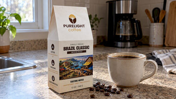 Brazil Classic coffee beside a freshly brewed cup