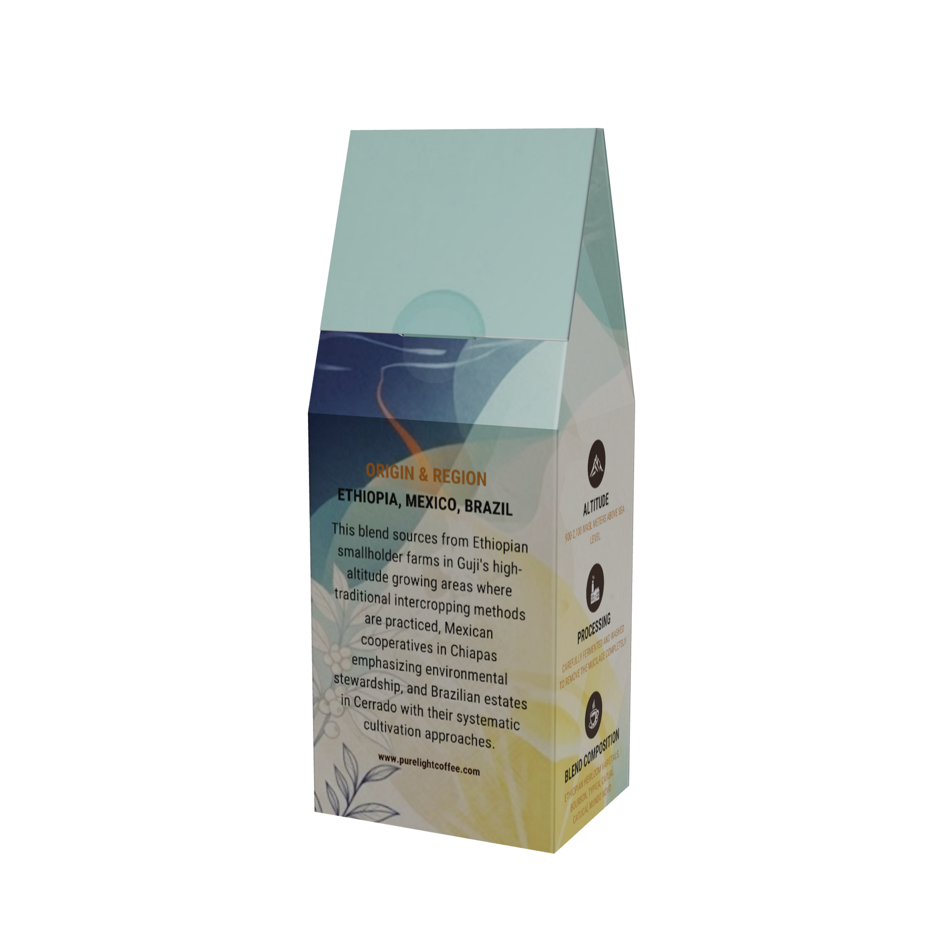 Back of the Purelight Coffee High Lakes light house blend box showing its Ethiopia, Mexico and Brazil origins