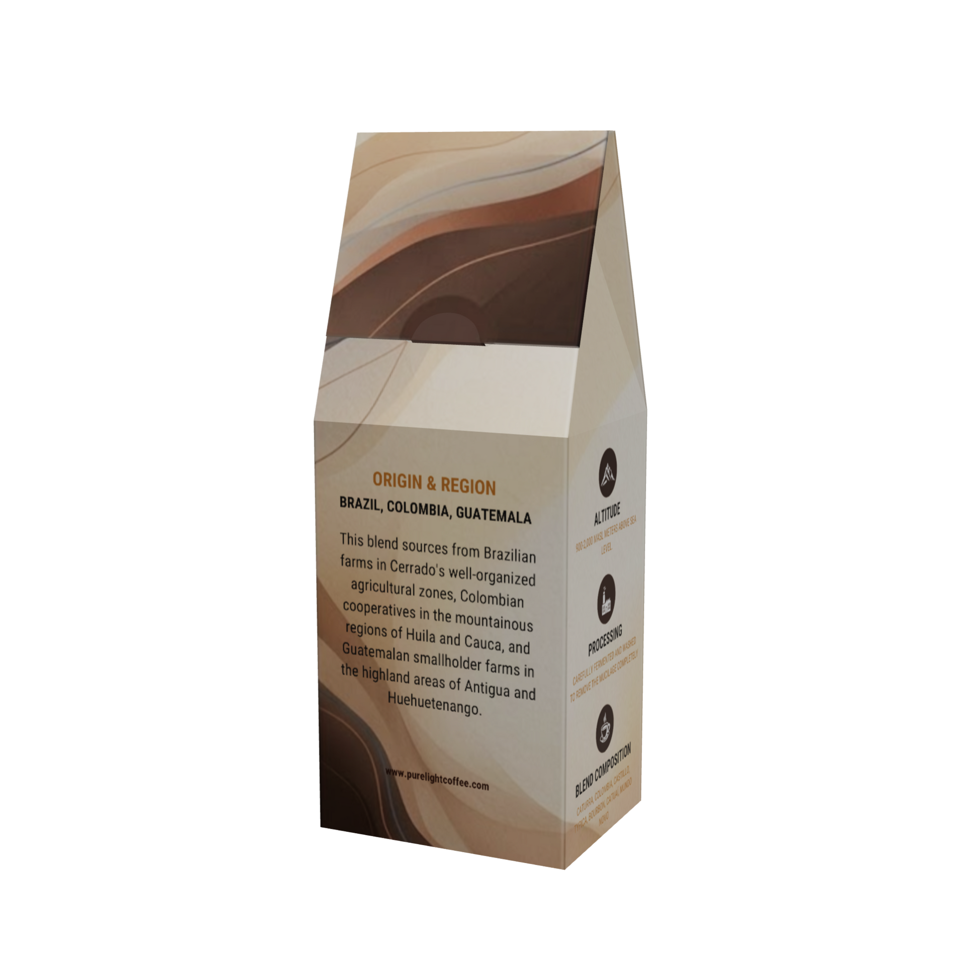 Back of the Purelight Coffee Smith River medium house blend box showing its Brazil, Colombia and Guatemala origins