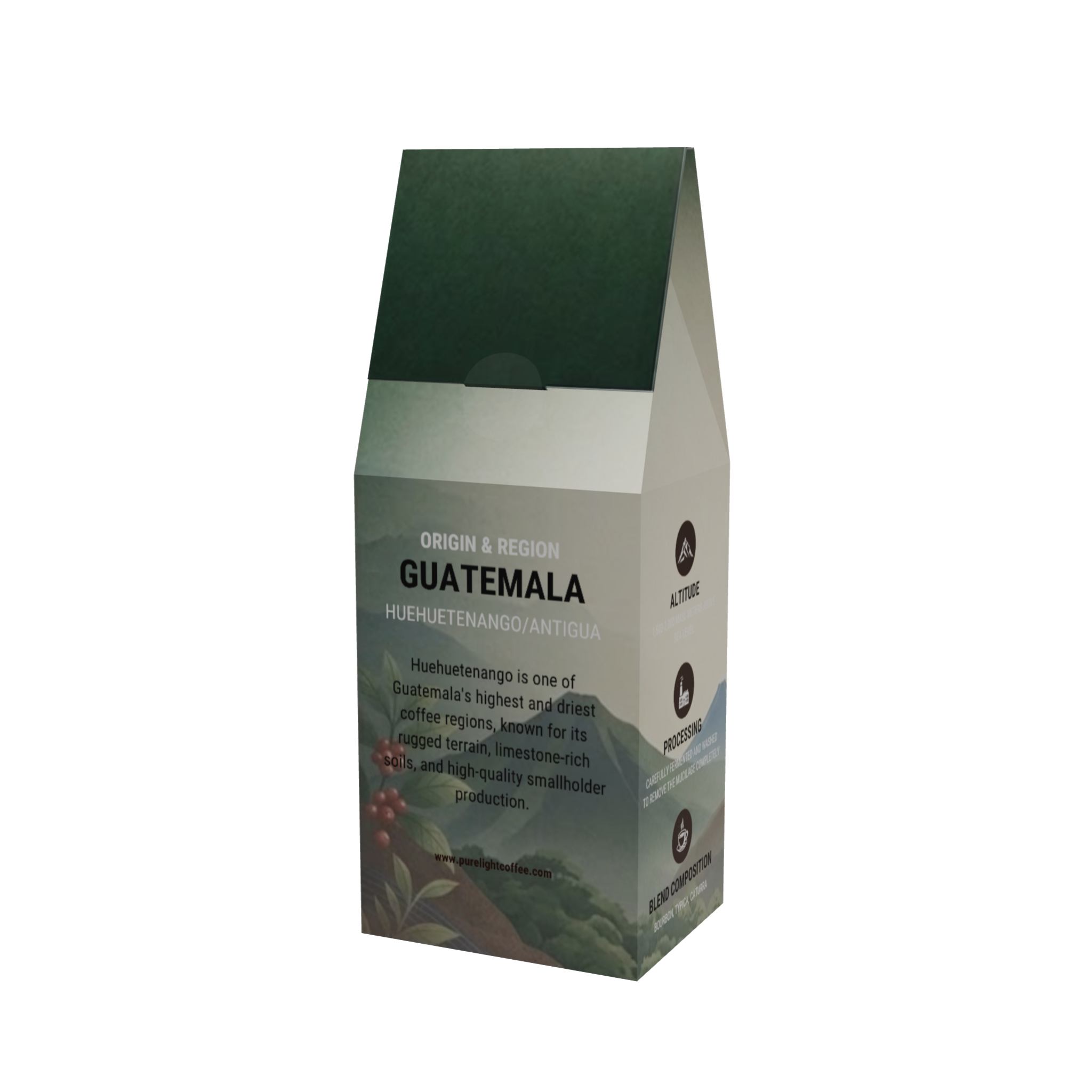 Back of the Purelight Coffee Guatemala Gold single origin box showing its Huehuetenango and Antigua regions