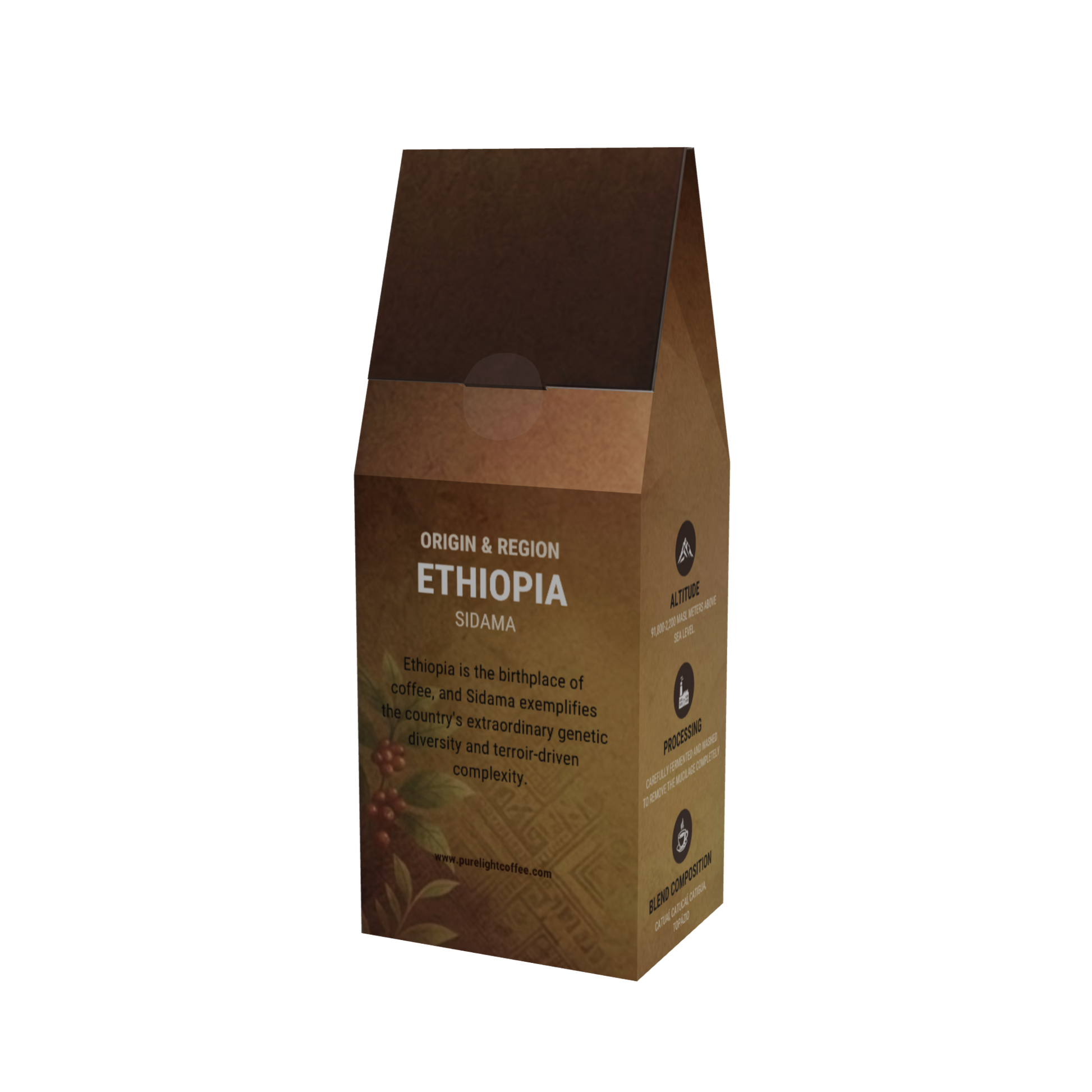 Back of the Purelight Coffee Ethiopia Prime single origin box showing its Sidama origin and region details