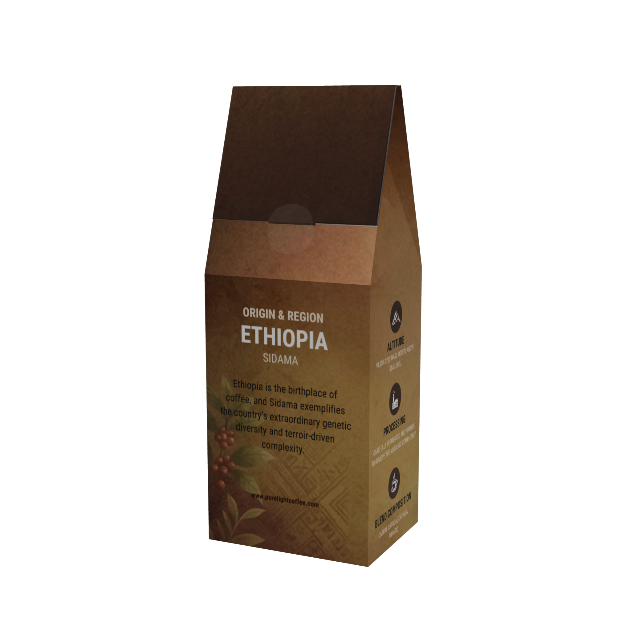 Back of the Purelight Coffee Ethiopia Prime single origin box showing its Sidama origin and region details
