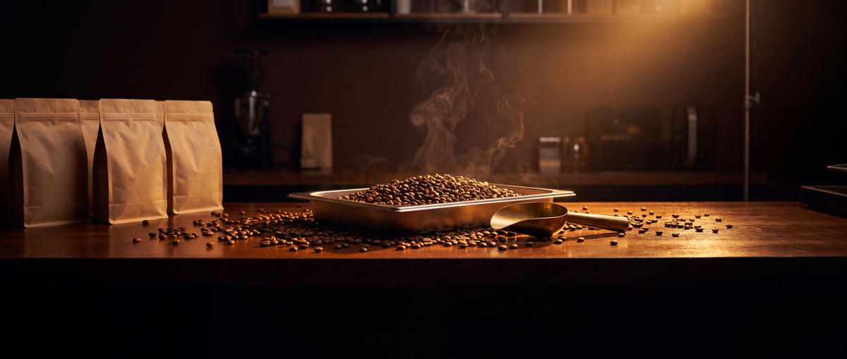 Coffee bags and a tray of roasted beans on a roastery counter