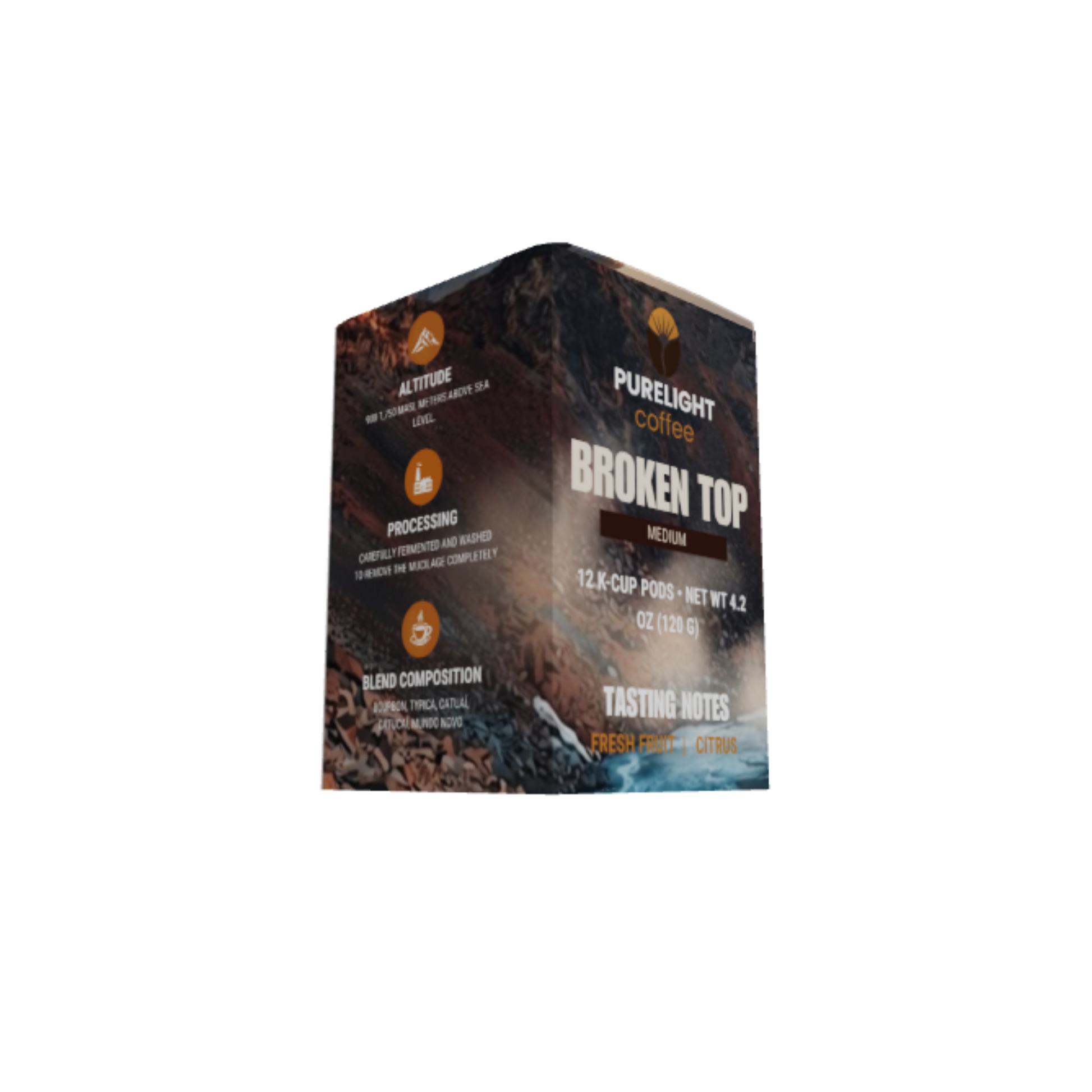 Angled back view of the Purelight Coffee Broken Top medium roast 12-pod box with tasting notes
