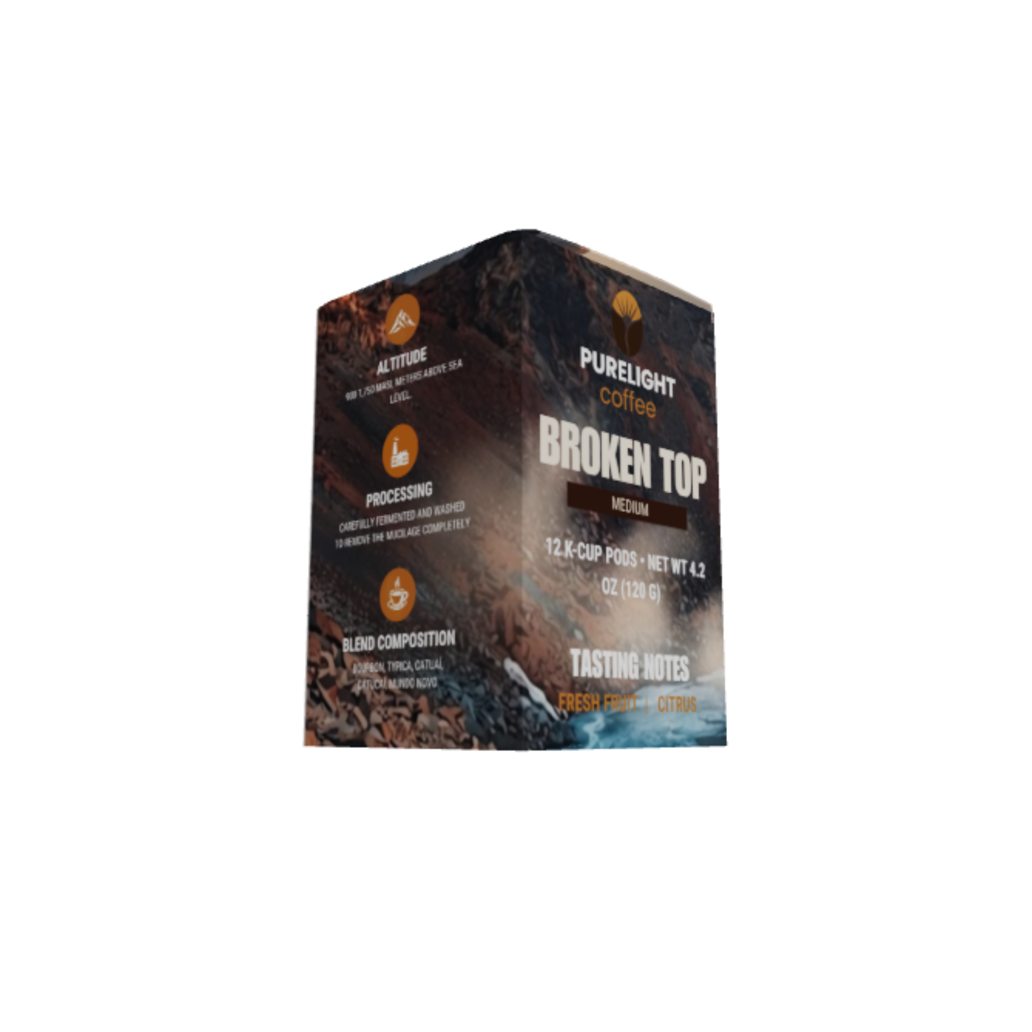 Angled back view of the Purelight Coffee Broken Top medium roast 12-pod box with tasting notes