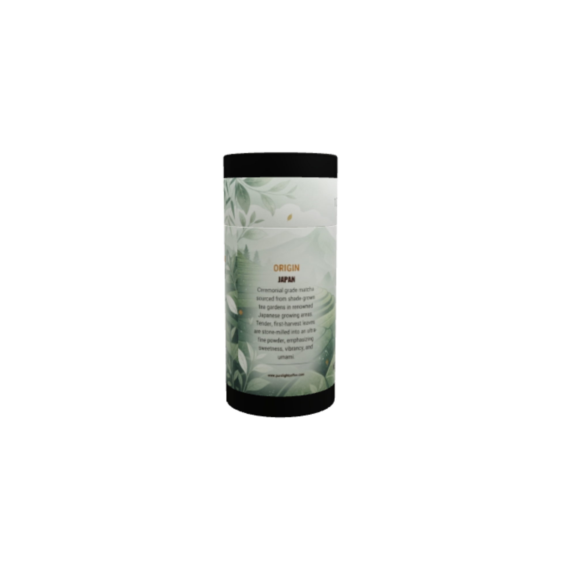Back of the Purelight Coffee ceremonial grade Japanese matcha canister showing its Japan origin