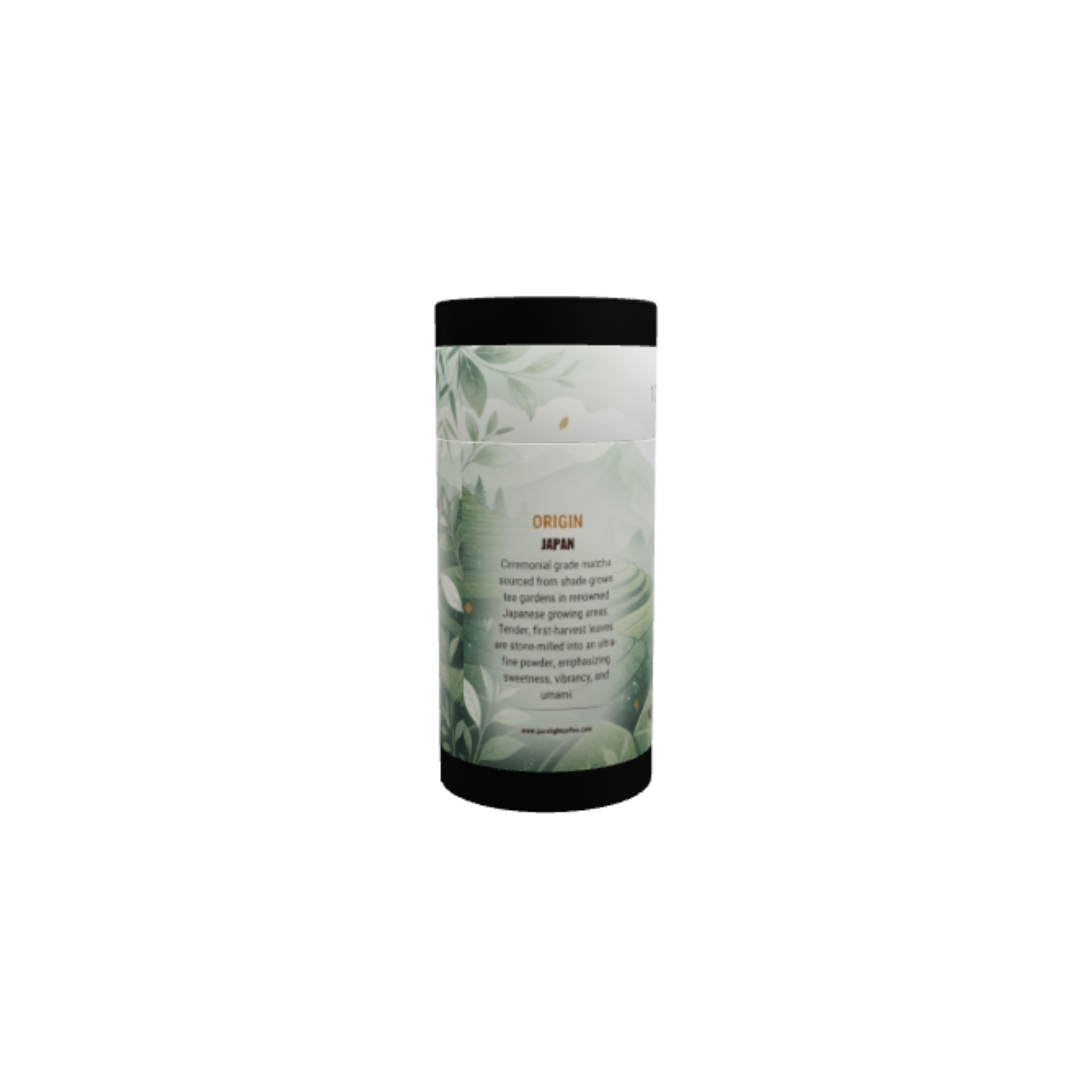 Back of the Purelight Coffee ceremonial grade Japanese matcha canister showing its Japan origin