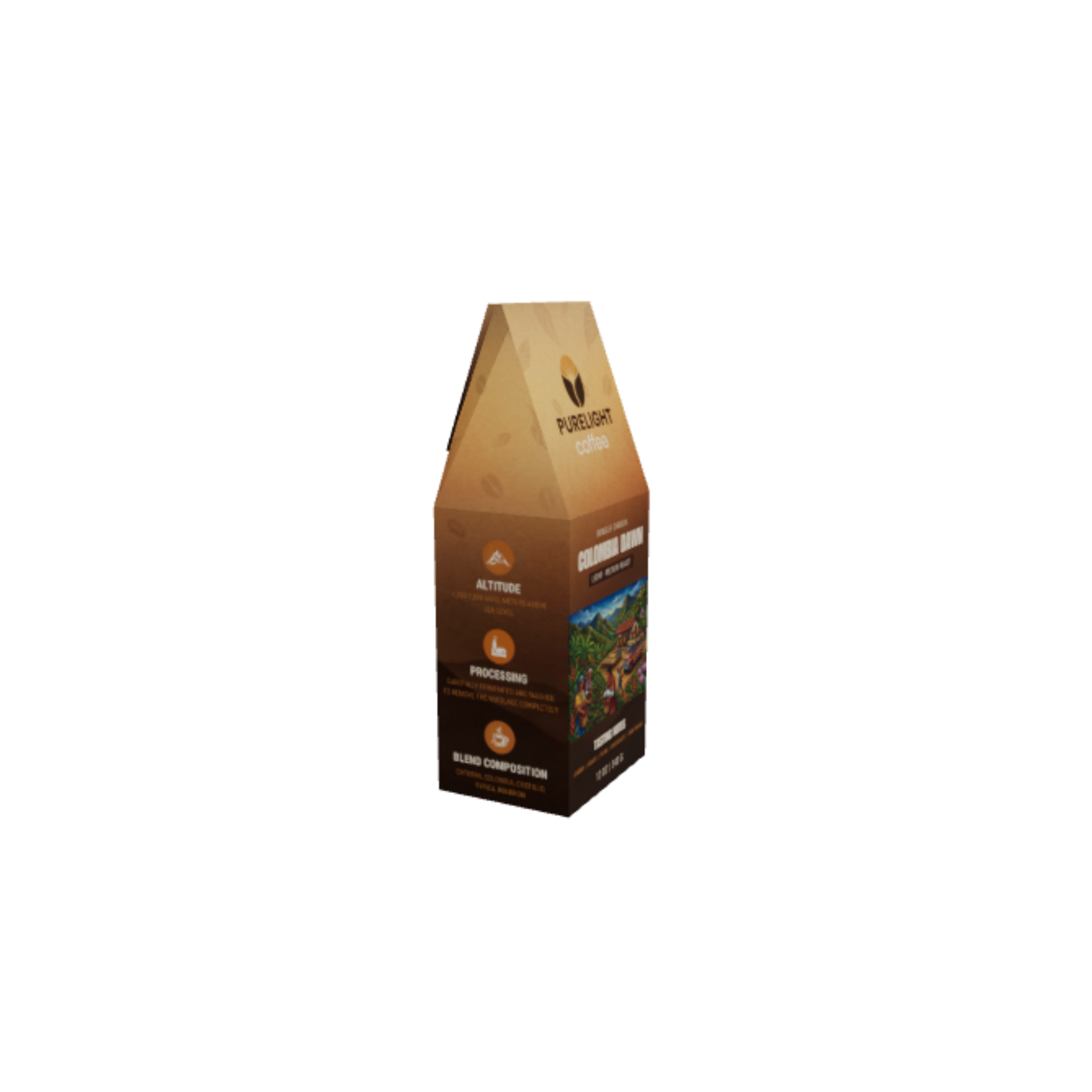 Angled back view of the Purelight Coffee Colombia Dawn single origin box with altitude and processing details
