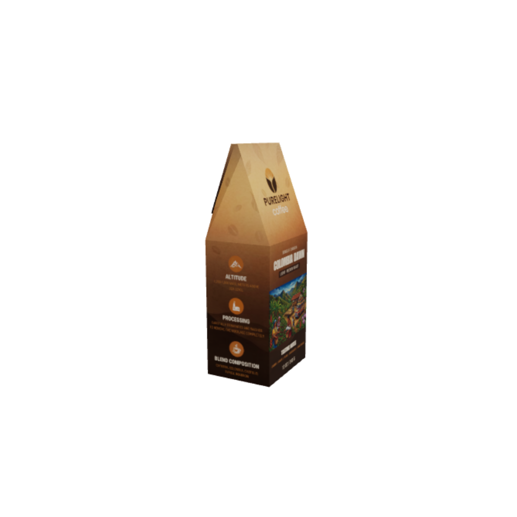 Angled back view of the Purelight Coffee Colombia Dawn single origin box with altitude and processing details