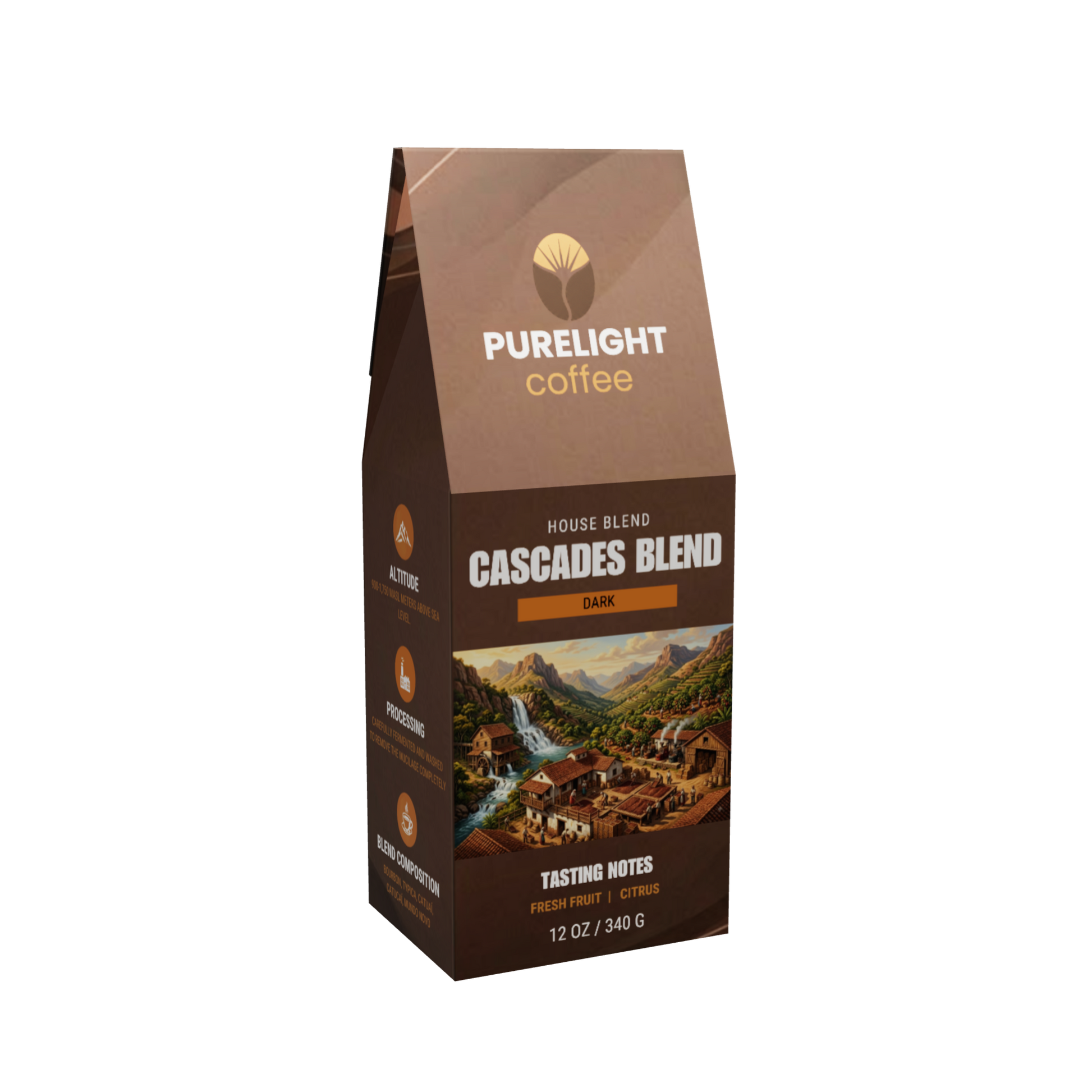 Purelight Coffee Cascades Blend dark roast house blend, 12 oz box, front view