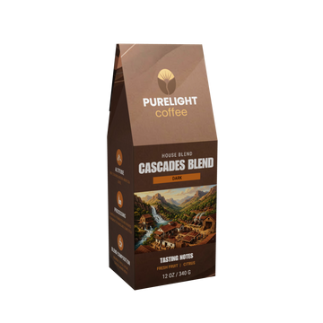 Purelight Coffee Cascades Blend dark roast house blend, 12 oz box, front view