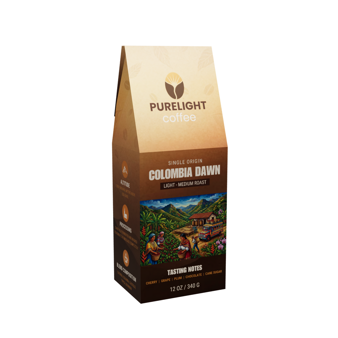 Purelight Coffee Colombia Dawn single origin light-medium roast, 12 oz box, front view
