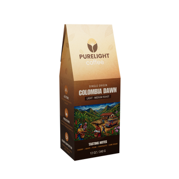 Purelight Coffee Colombia Dawn single origin light-medium roast, 12 oz box, front view