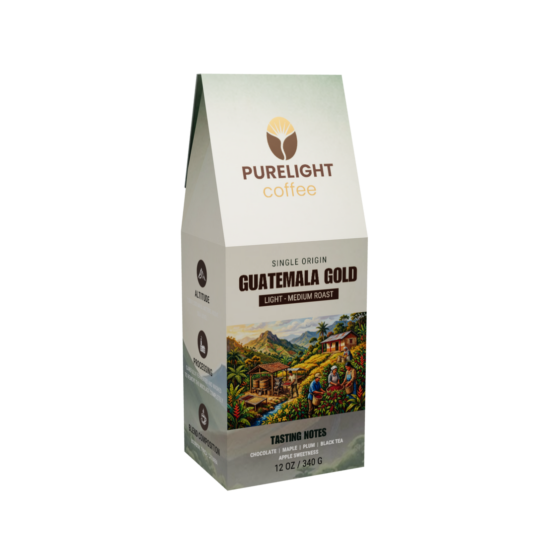 Purelight Coffee Guatemala Gold single origin light-medium roast, 12 oz box, front view