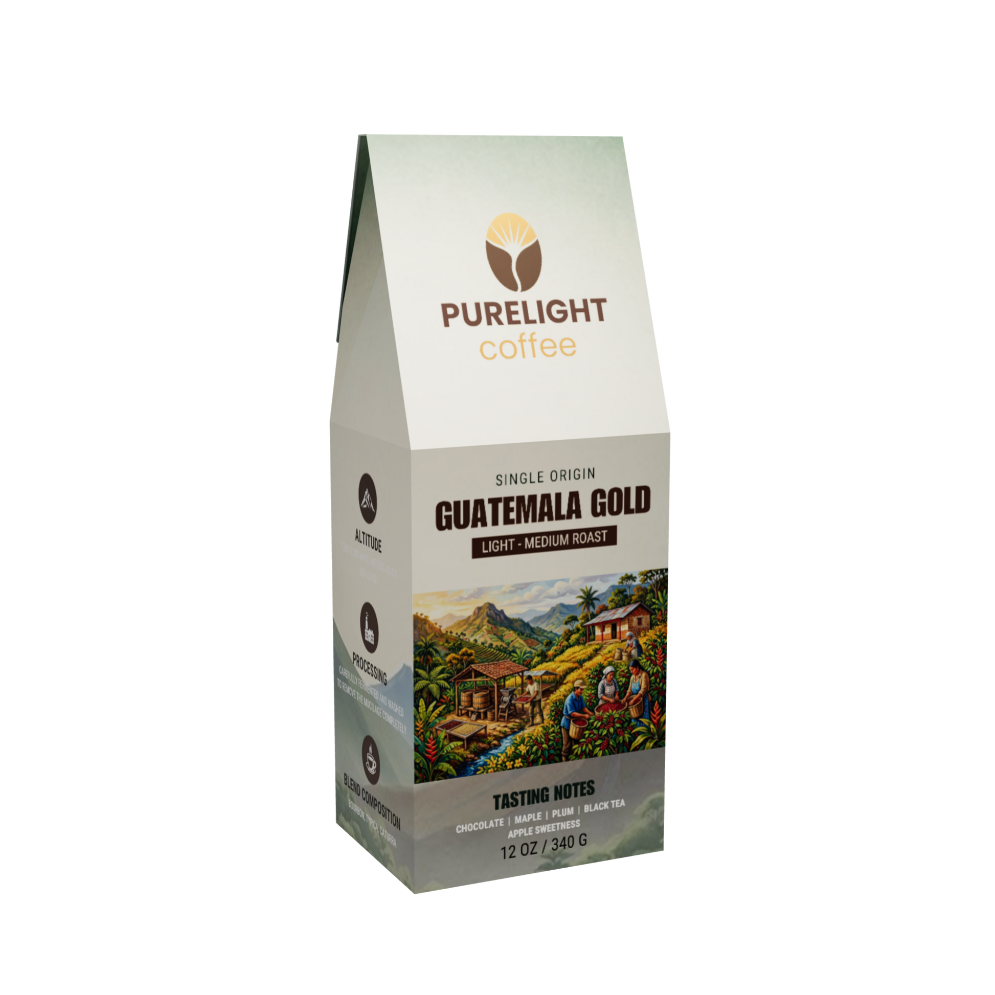 Purelight Coffee Guatemala Gold single origin light-medium roast, 12 oz box, front view
