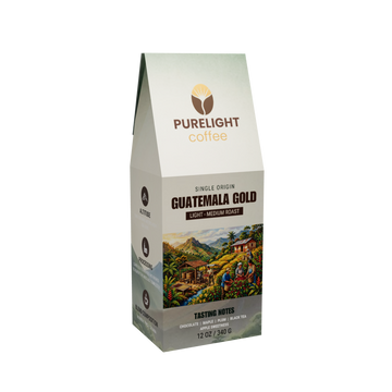 Purelight Coffee Guatemala Gold single origin light-medium roast, 12 oz box, front view
