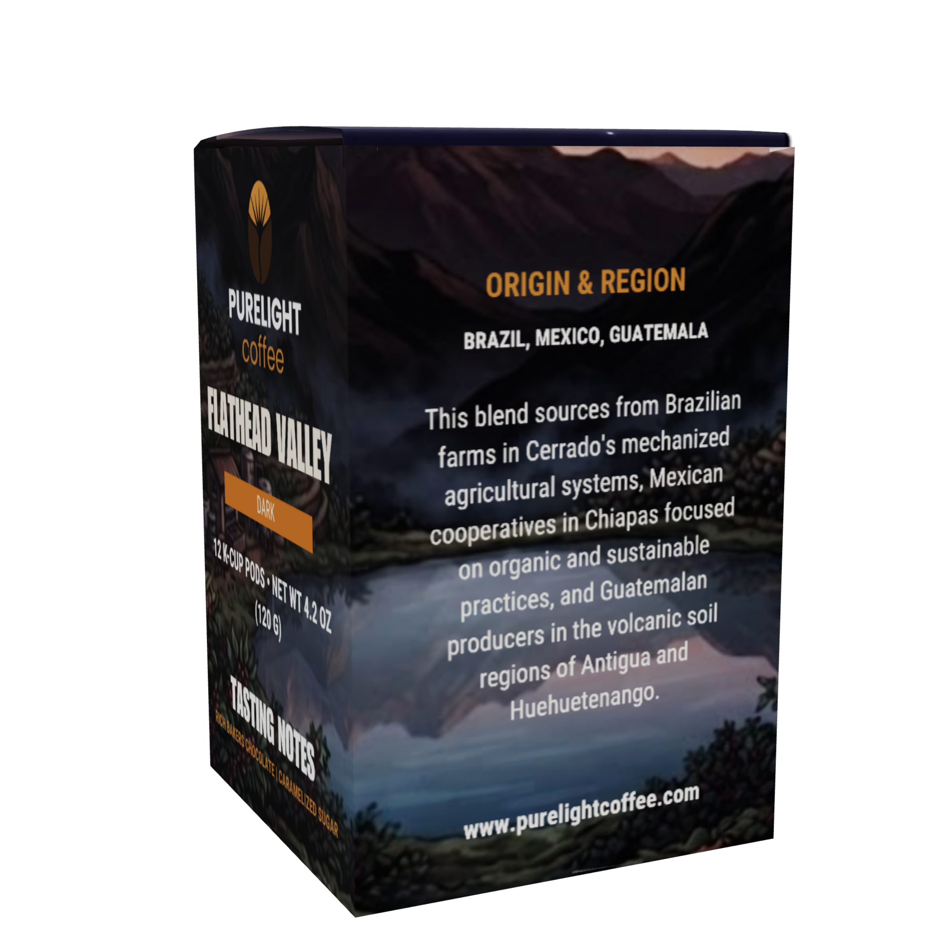 Back of the Purelight Coffee Flathead Valley dark roast pods box with origin and tasting notes