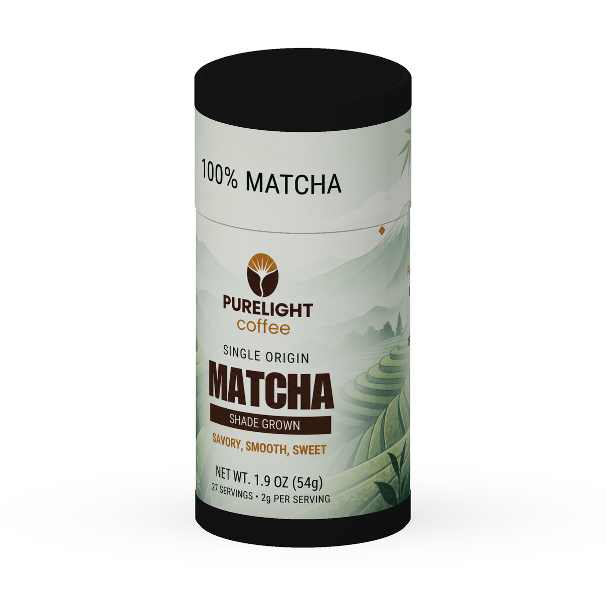 Purelight Japanese matcha 54g tube, angled view rendered from the corrected packaging artwork