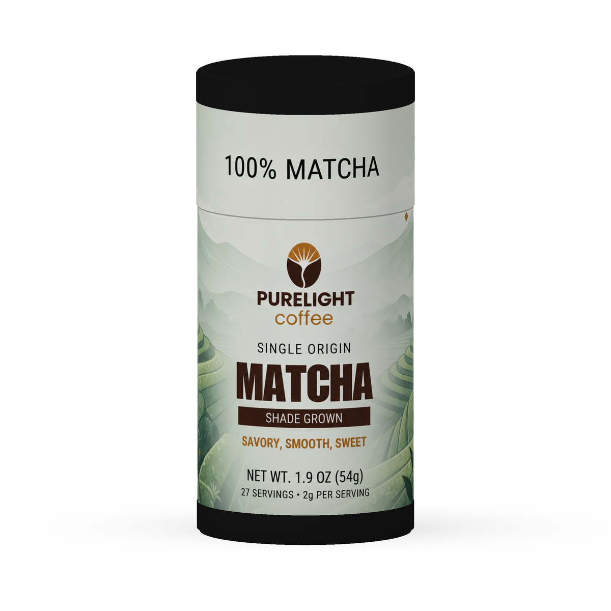 Purelight Japanese matcha 54g tube, front view rendered from the corrected packaging artwork