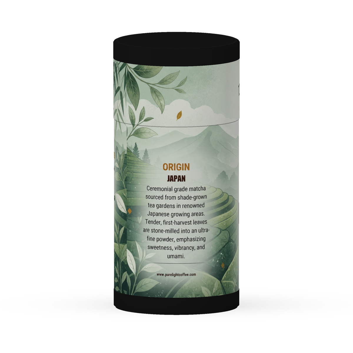 Purelight Japanese matcha 54g tube, origin view rendered from the corrected packaging artwork